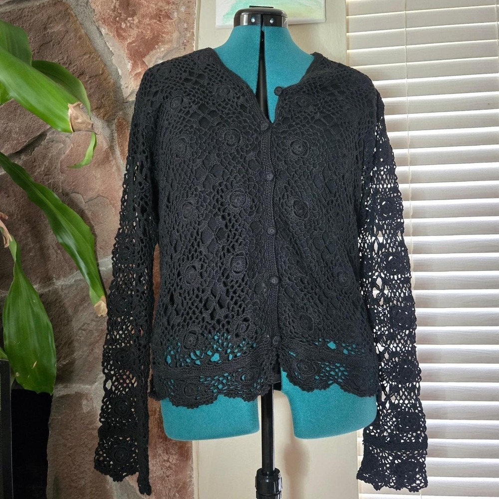 Vintage 90s Erika Witchy Black Crochet Cardigan Stevie Knicks Whimsigoth